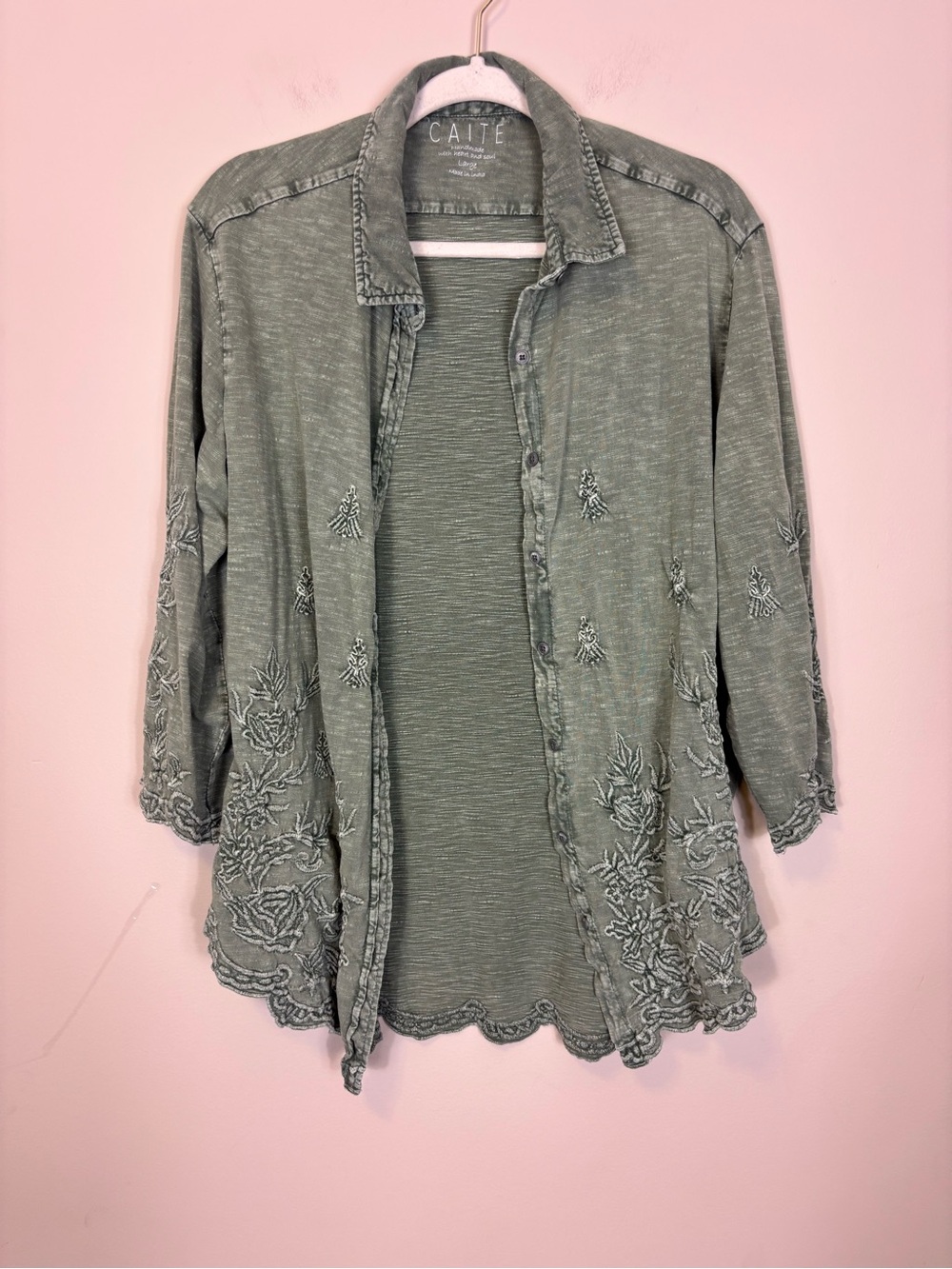Caite by Athleta Cotton Green Embroidered Button-Front Women's Top Large